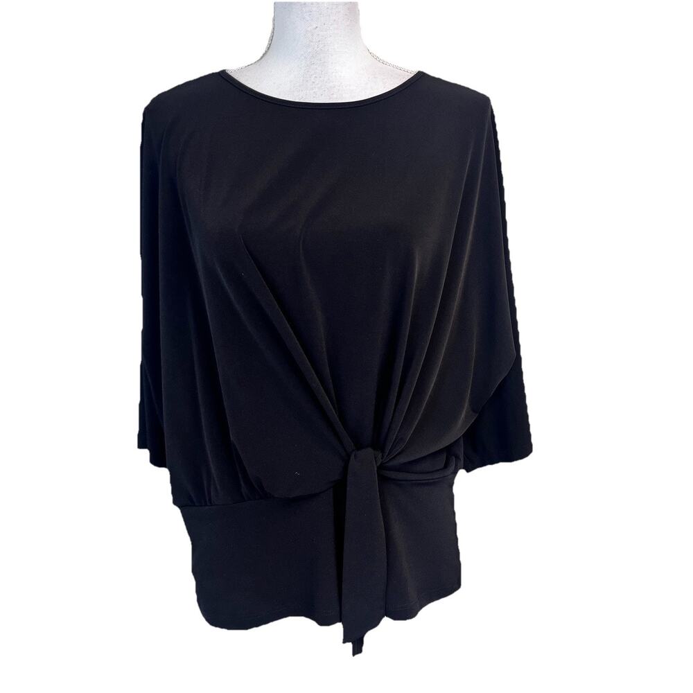 Clara Sun Woo Blouse Top Plus size 1X Black Slinky Stretch Modest Career Casual